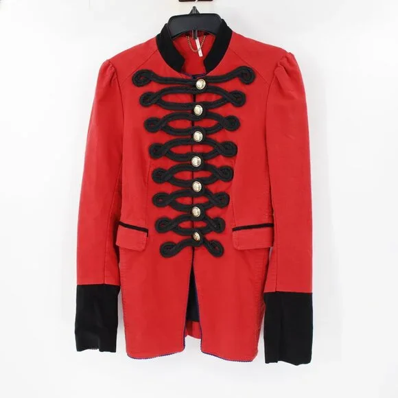 Free people blazer Womens XS Seamed and structured red gold buttons military - Picture 1 of 13
